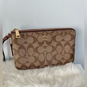 Coach Brown Signature Canvas Wristlet with Gold Hardware